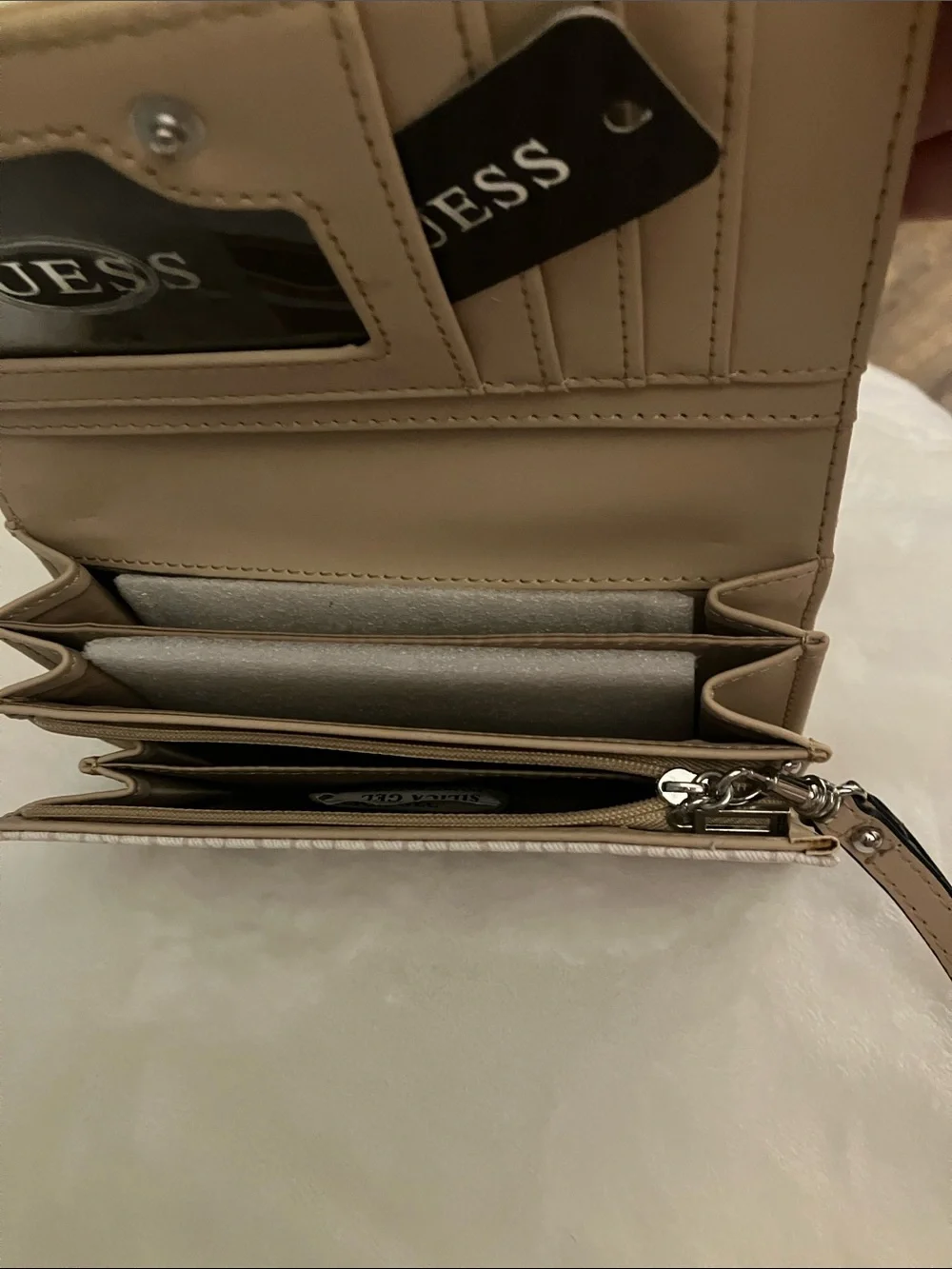 GUESS Beige and Tan Logo-Print Wristlet Clutch
